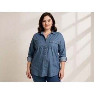 Michael Kors Blue Denim Chambray Wrap Shirt Top Long Sleeve Button Front Pockets